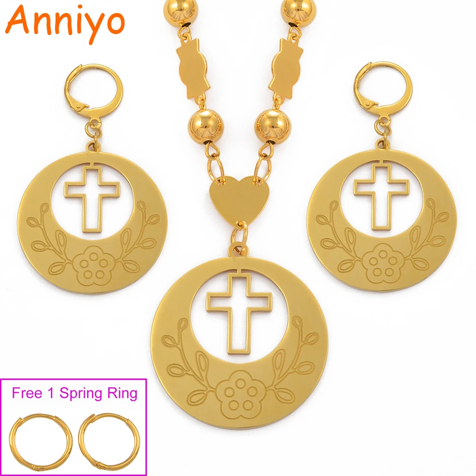 

Anniyo Flower Cross Jewelry Sets Pendant Beads Necklaces Earrings for Women Guam Hawaii Marshall Micronesia Habesha Gift #078221