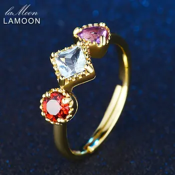 

LAMOON 3pcs 4mm 1ct Purple Amethyst Red Garnet Blue Topaz Ring with 925 Sterling Silver Jewelry For Gift LMRI011