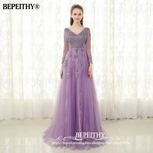 BEPEITHY фиолетовое длинное вечернее платье с длинными рукавами vestido de festa кружевное винтажное элегантное выпускное платье с v-образным вырезом - Цвет: Фиолетовый