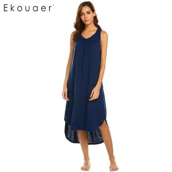 

Ekouaer Women Nightgown Long Sleepwear Dress Solid Sleeveless V Neck Loose Sleep Dress Nightdress Female Soft Home Clothing