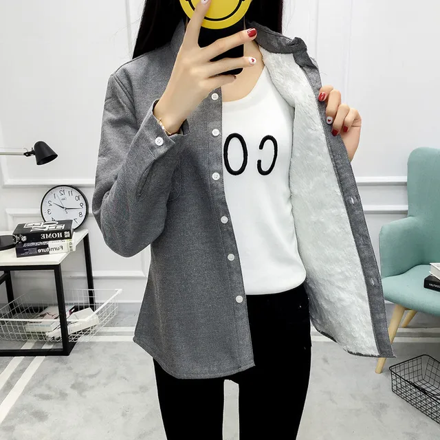 US $12.30 Quality Autumn Winter Shirts Women Long Sleeve Blouse Thickening Shirt Velvet Bottoming Shirt Cotto
