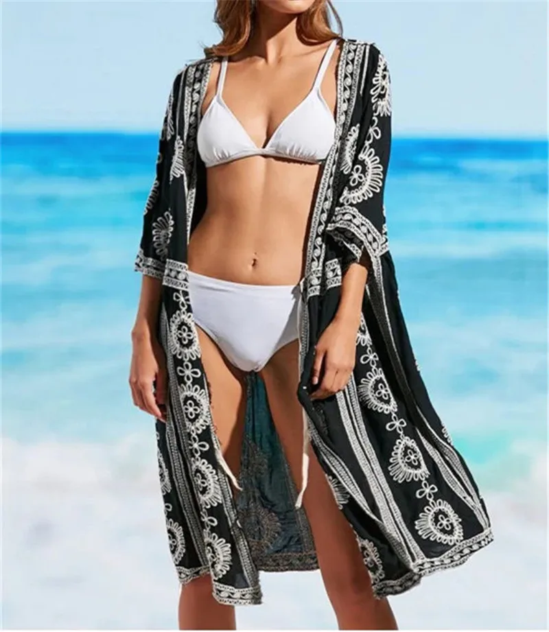 Туники для пляжа, Пляжное Платье с вышивкой, женская накидка для плавания, плюс размер, Saida de Praia Robe de Plage Kaftan, Пляжная накидка# Q879