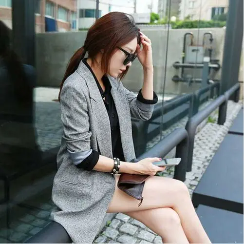  2016 Hot Selling  Spring Women Casual Long Thin Blazers Coats Notched Collar Full Sleeve Single Button Fashion Cardigans   Y99