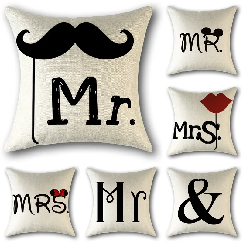 Льняной чехол с сердечками для влюбленных пар подушки надписью Mr и Mrs украшения