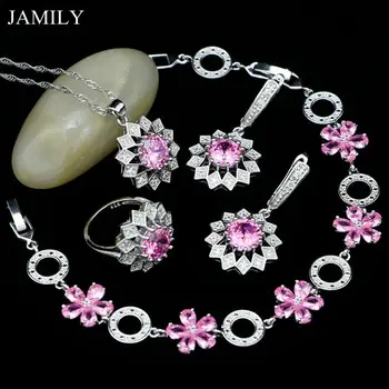 

Fashion Silver 925 Bridal Jewelry Sets For Women Pink Cubic Zirconia Earrings/Pendant/Ring/Necklace/Bracelet Wedding Decoration