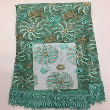 

african lace fabric with stones green 2018 hot beades fabric high quality tulle sequins lace fabric for evening dresses H389-1