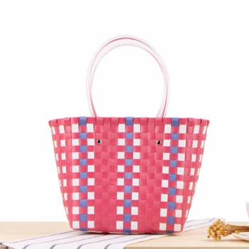 

Fashion plaid striped hand leek basket bag colorful waterproof holiday beach woven bag Chinese style casual handbag