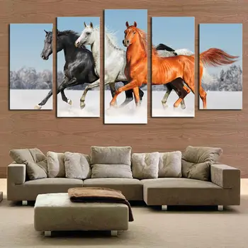 

Part 5 panels without modern horses running in the snow HD Image Art Print On Canvas Painting The Wall of Home Decoration
