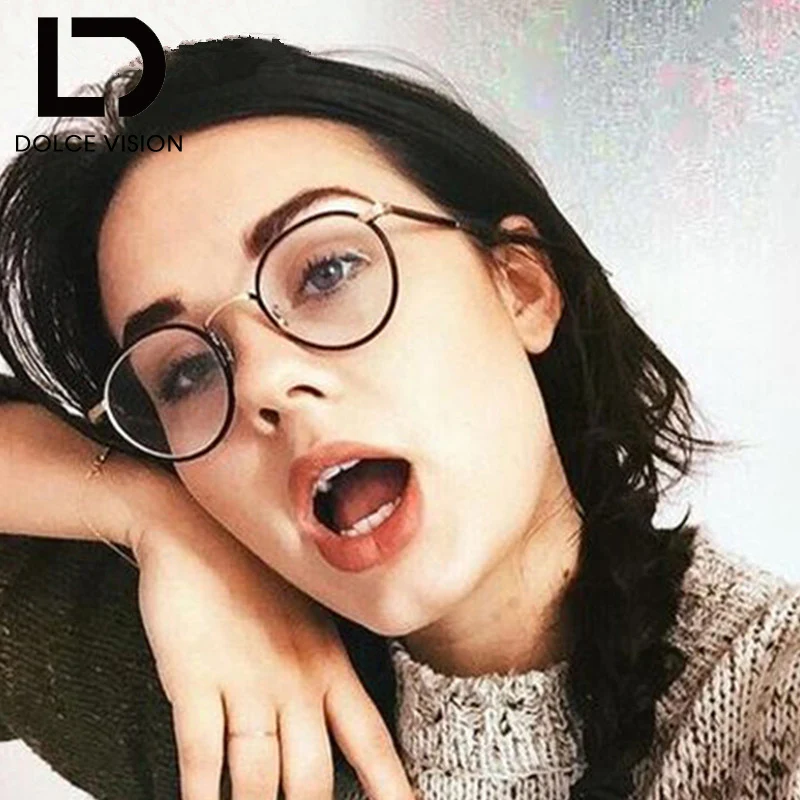 

DOLCE VISION Ladies Round Black Eyeglasses Vintage Metal Optical Clear Lens Frame Glasses Men Women Myopia Retro Eyeglasses