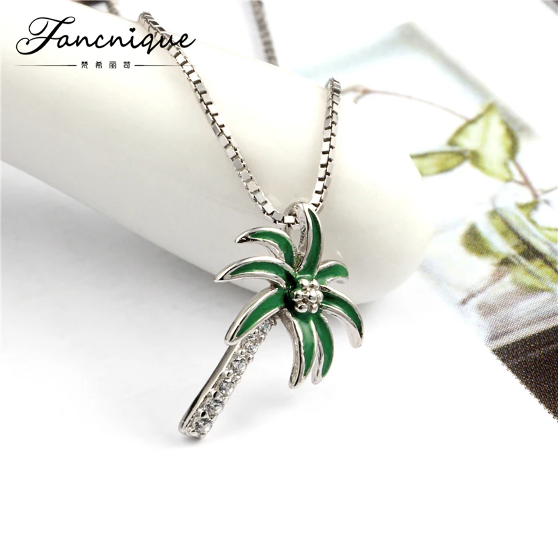 Fancnique 925 Sterling Silver Zircon Enamel Coconut tree Pendant