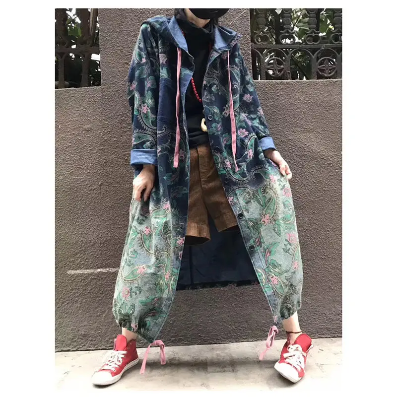 New Harajuku Denim Trench Coat For Women Oversizes Jeans Outerwear Long Sleeve Single-breasted Retro Print Streetwear f924