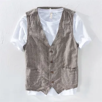 

Mens Waistcoat Stripe Button Business Casual Linen Cotton Hemp Blend Vest Hot