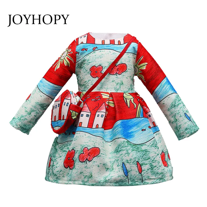 

Girls Dresses 2018 Full Sleeve Girls Dress Wedding Flowers Printed Kids Dresses for Girls Princess Costume Child with bag