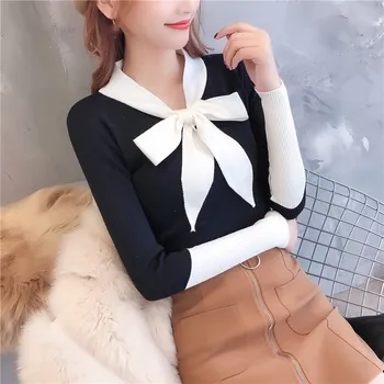 

Fashion Women Long Sleeve Bow Sweater Fashion 2019 Korean Ruffled Collar Pullover Sweater Female Slim Knitted Sweater