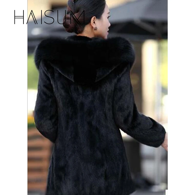 Women's Faux Fur Coat Winter Warm Black Imitation Fox Fur Long Round Neck Hat Temperament Young Lady 2018 New Nv015