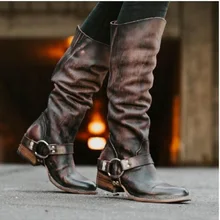 Женские сапоги до колена; зимняя женская обувь из искусственной кожи на низком каблуке; винтажные сапоги для верховой езды на платформе с круглым носком; zapatos mujer размера плюс