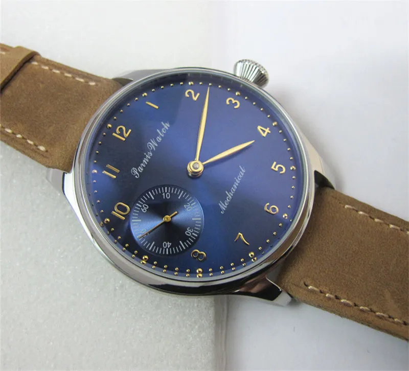 New Casual Men Watch 44mm Parnis Hand Winding Mechanical Men's Wrist Watches Dark Blue Dial
