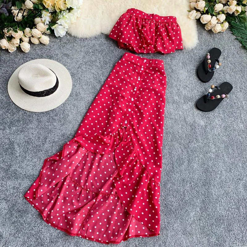 FTLZZ Sexy Women Two Piece Set Strapless Crop Top + Long Fishtail Skirt Polka Dot Lady Bandeau Strapless Ruffles Casual Suit