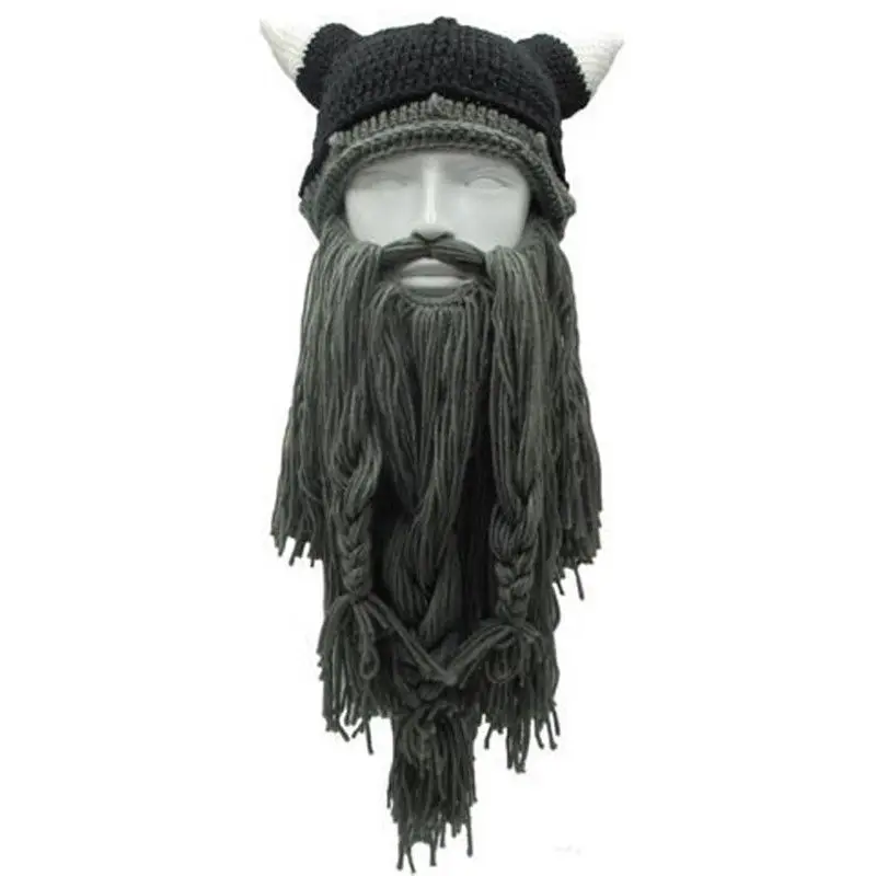 Christmas Knit Viking Beard Horn Hat Crazy Ski Cap Barbarian Vagabond Beanie - Цвет: Dark Gray