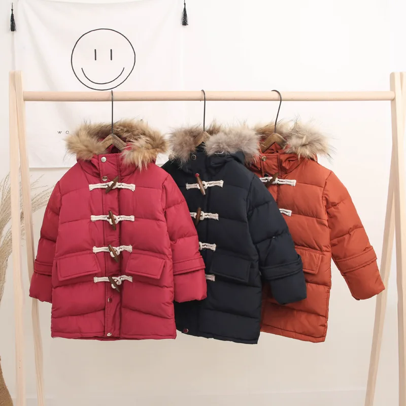 

boys coats winter pure color long sleeves nylon hooded horn button snap fastener warm zipper mid-length girls down jacket