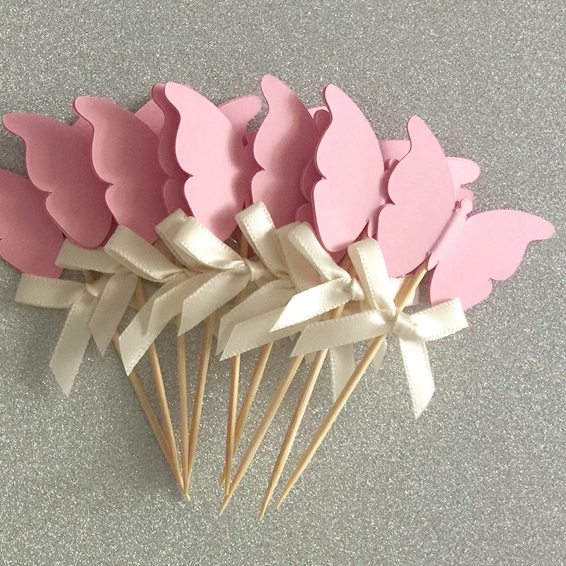 

Custom Bow Color&Pink Double-Sided Butterfly Cupcake Toppers Wedding Party Picks Kids Fairy Party Decoration Bridal Shower Decor