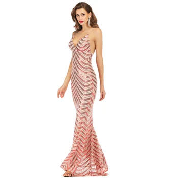 

2019 Women Summer Sequined Vintage Elegant Sundress Sexy Party Night Backless Bodycon Long Dress