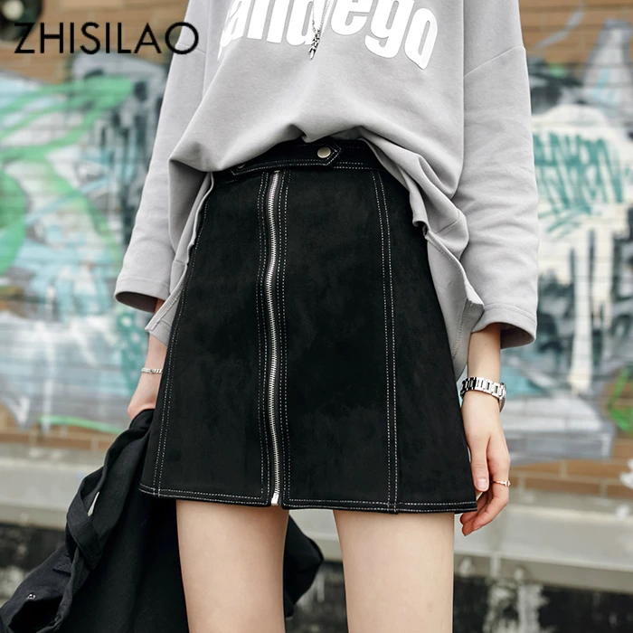 

ZHISILAO 2017 Autumn Winter Woman Skirts Womens Chic Mini Skirt Slim Suede Winter Skirt Zip Sexy High Waist Black Pencil Skirt