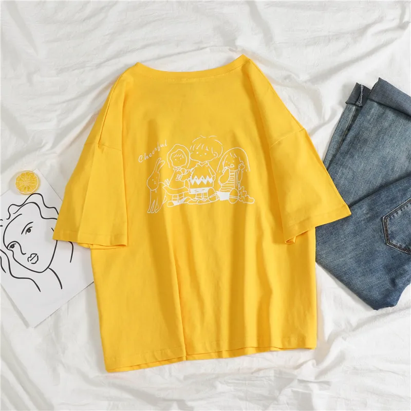 

Zuolunouba Casual Summer Women T-shirt Hip-hop Bf Style Yellow Tops Loose Half-sleeve Ins Figure Harajuku Cotton Tees Girl