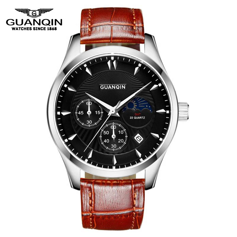 

GUANQIN GQ80069 Moon phase GMT Luxury Brand Men Fashion Quartz Watches with Complete Calendar Male Waterproof Leather Strap