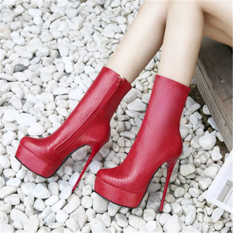 

Autumn Winter New Round Head Middle Tube Women Boots Plus High Heel 15CM Platform Wedding Party Shoes Women Size 36-46 Red Black