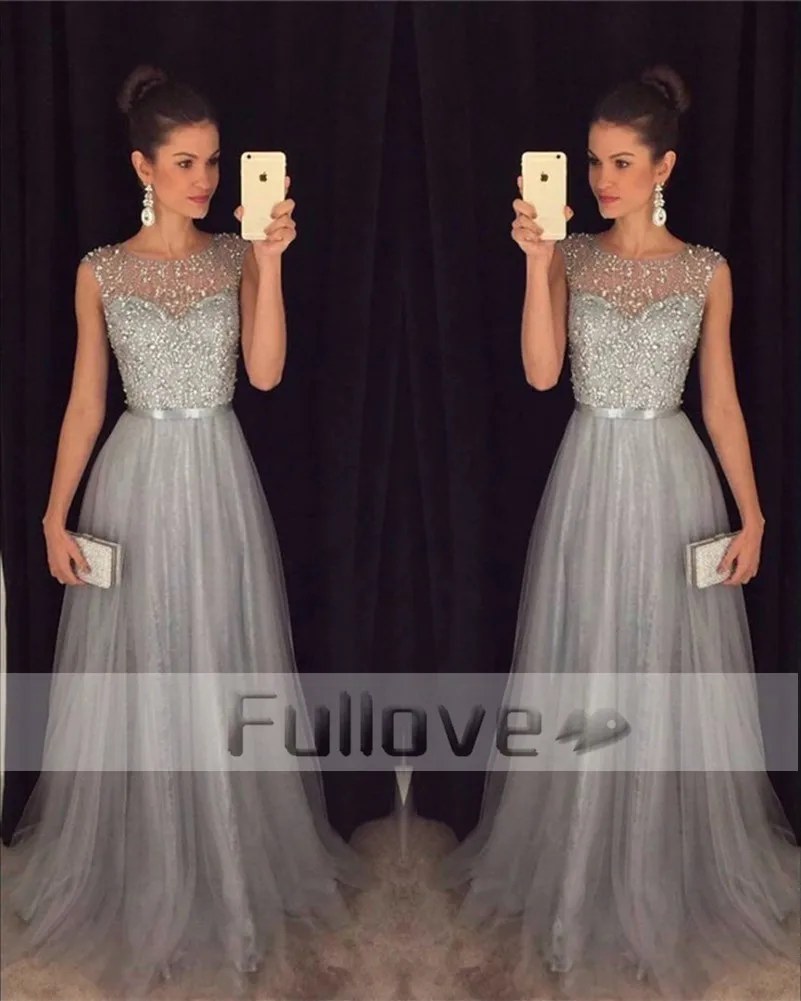 long prom dresses Shining Silver Beaded Crystal Prom Dress 2019 Luxury Sheer A-Line Formal Party Dresses Prom Gowns Vestido De Festa Abendkleider simple prom dresses