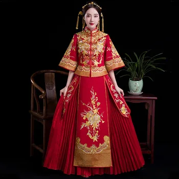 

Red Chinese Wedding Bride Cheongsam Traditional Style marry Evening Dress Embroidery Long Qipao Womens Clothing Size S - XXL