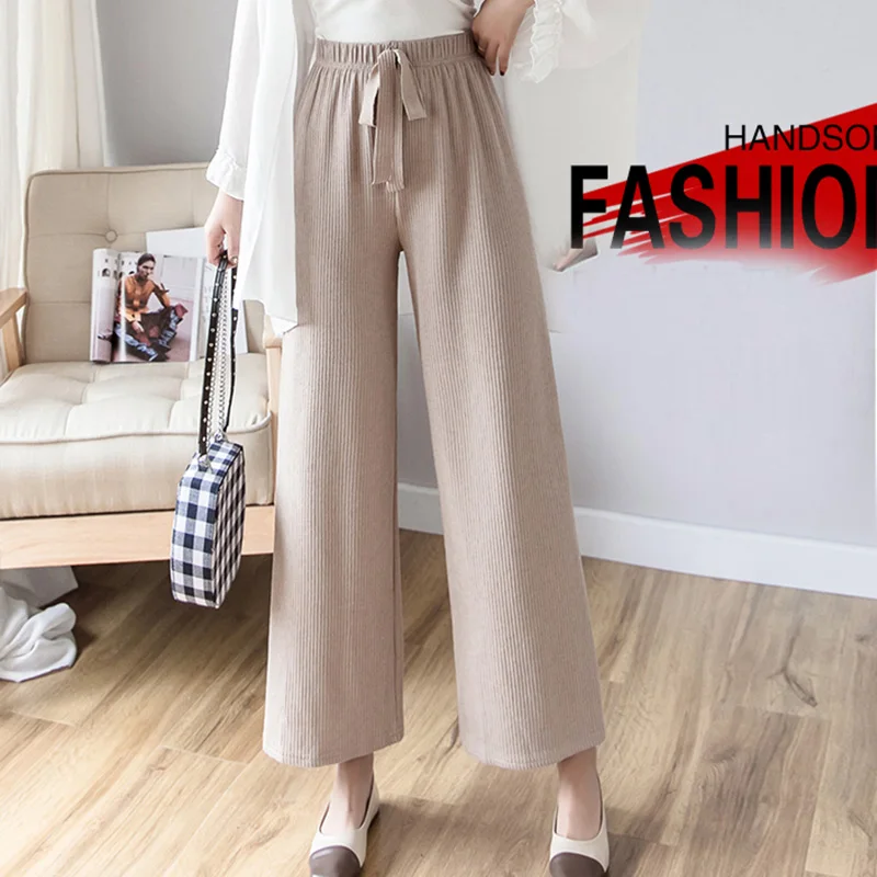 

Womem wide leg pants 2019 spring summer female vintage loose elegant elastic High waist knitted pant office lady casual trousers