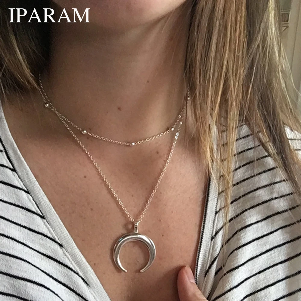 2019 New Fashion 2 Layers Chain Necklace Horn Necklace Crescent Moon Necklace Boho Jewelry Minimal Girlfriend Gift