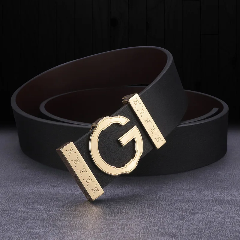 High Quality G letter Slide buckle leather genuine belts men fashion luxury brand Cowskin Waist Strap Casual cintos masculin - Цвет: Black Golden-buckle