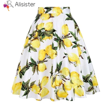 

Vintage Lemon Printing Women Skirt 2019 Summer Cotton Pleated High Waist A-line Skirts Elegant 50s 60s Casual Party Midi Skirts