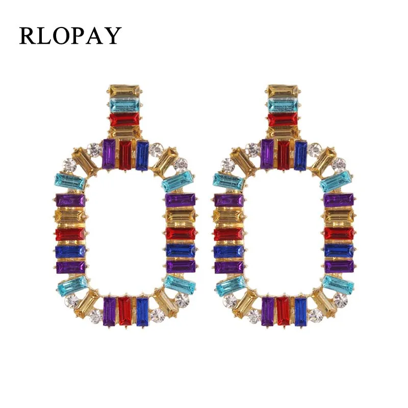 RLOPAY Personality Women Statement Jewelry Trendy Geometric Drop Earrings Alloy Rhinestone Colorful Fashion Style Dangle Earring | Украшения