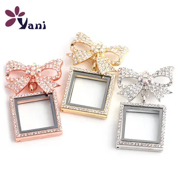 

10PCS!! New Arrival Rhinestones Square Floating Locket Brooch with Crystal Bowknot Crystal Locket Brooches Pins for Women