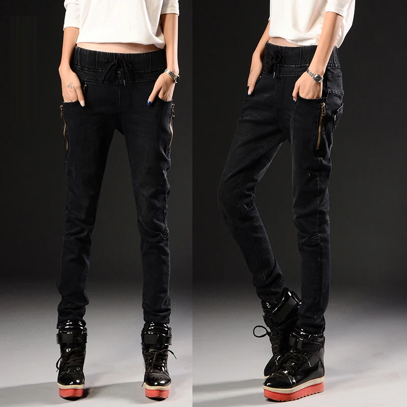 

Korean version of the influx of spring and winter women elastic waist big yards Harlan feet denim pants collapse