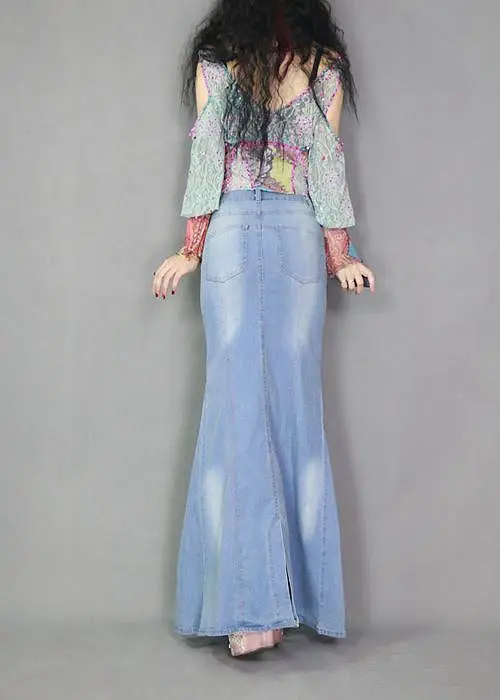 Большая рыбий хвост джинсовая юбка для женщин Русалка эластичный светильник синяя длинная юбка в пол труба имперский Высокая талия джинсы с разрезом J97397