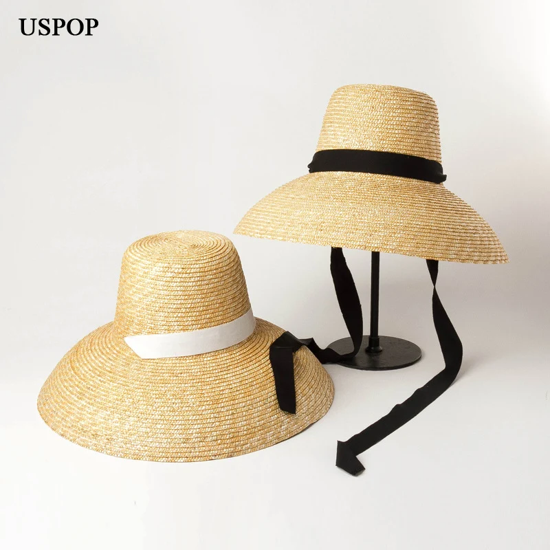 US $21.07 Uspop 2020 New Summer Hats For Women Natural Wheat Straw Hats High Flat Top Long Ribbon LaceUp Sun Hats Wide Brim Beach Hats