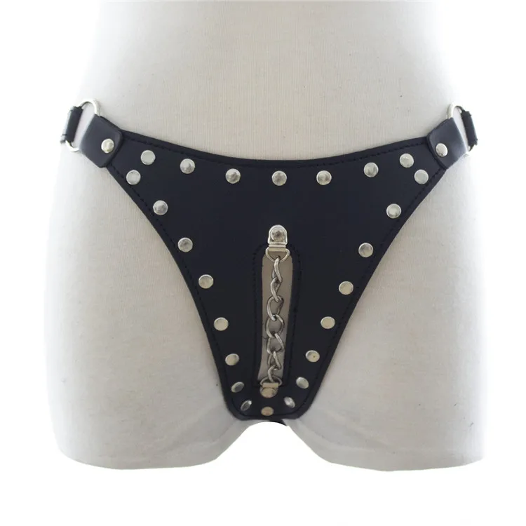 

Sexy Women Faux Leather Cut Out Peek a Boo Thong with Chain Stud Detail Underwear Panties G-String Fetish Wear Lingerie