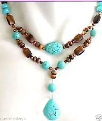

FREE SHIPPING>>@> 0002093 Beautiful Jewelry Tibet Tiger's - Eye pearl Turquoise Pendant Necklace NEW