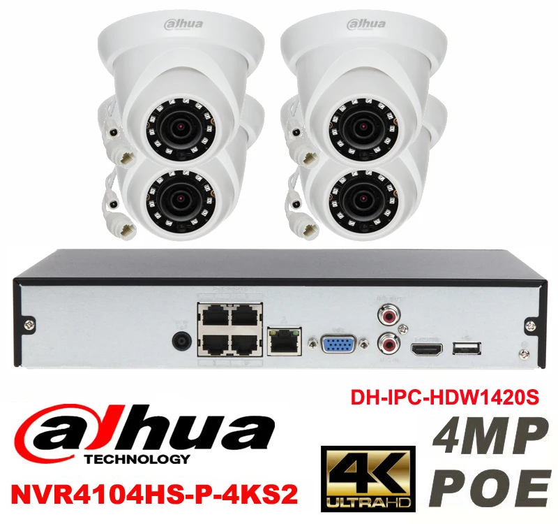

Dahua original 4CH 4MP H2.64 DH-IPC-HDW1420S 4pcs CCTV Network camera POE DAHUA DHI-NVR4104HS-P-4KS2 Dome IP security camera kit
