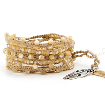 

Lotus Mann Long six laps cotton slice mother-of-pearl pendant feather bracelet/necklace