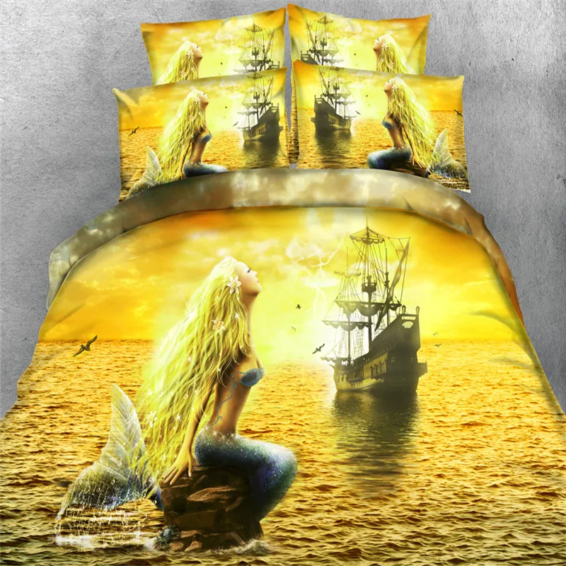 

Designer 3d Golden Sea Mermaid Bedding sets 4/3PC duvet cover set twin queen king size girl children Bedspread 500tc Coverlet