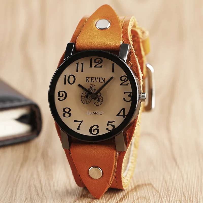 

Classic Brown Leather Band Strap Creative Bicycle Dial Wristwatch Stylish Punk Fashion Quartz Men Women Watches