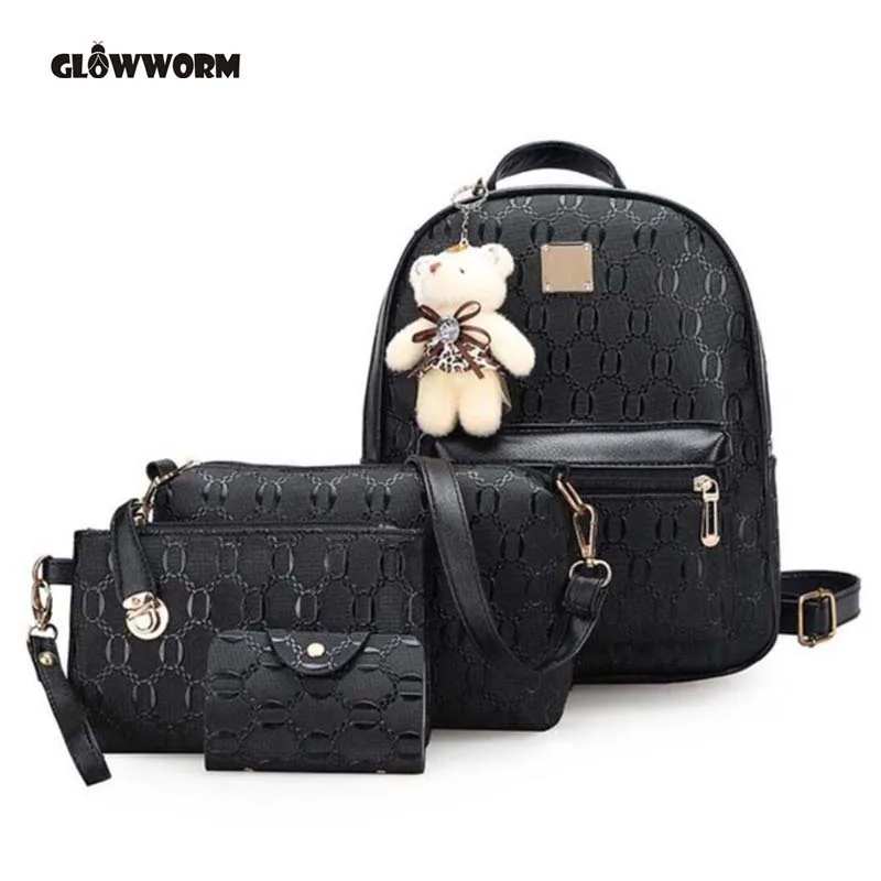 

GLOWWORM Fashion Backpack Women Pu Leather Back Pack Famous Brand School Bags for Girls sac a dos femme with Purse and Bear 2017