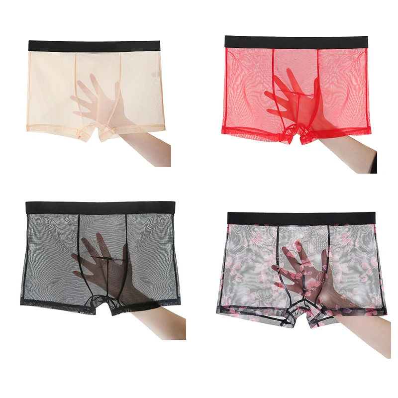 

Seamless Lace Men Boxer Low Waist Bulge U Pouch Boxer Cueca Transparent Men's Boxers 2019 Summer Breathable Underwear 4PCS