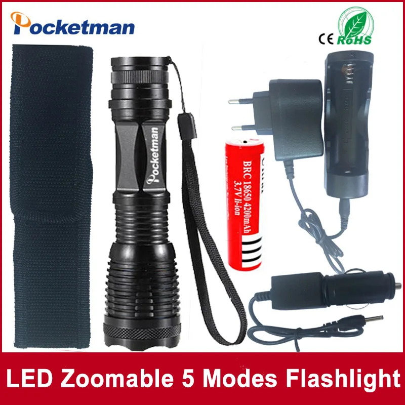 zk50 LED flashlight Focus lamp LED torch E17 CREE XM-L T6 4000 Lumens Zoomable lights AC/Car Charger 18650 Rechargeable Battery